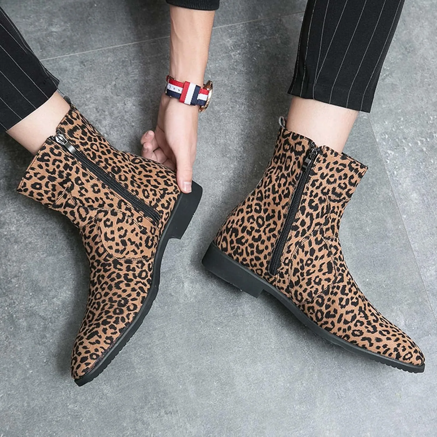 CERYTHRINA Mens Leopard Chelsea Ankle Boots Soft Fabric Fashion men's boots with Side Zipper
