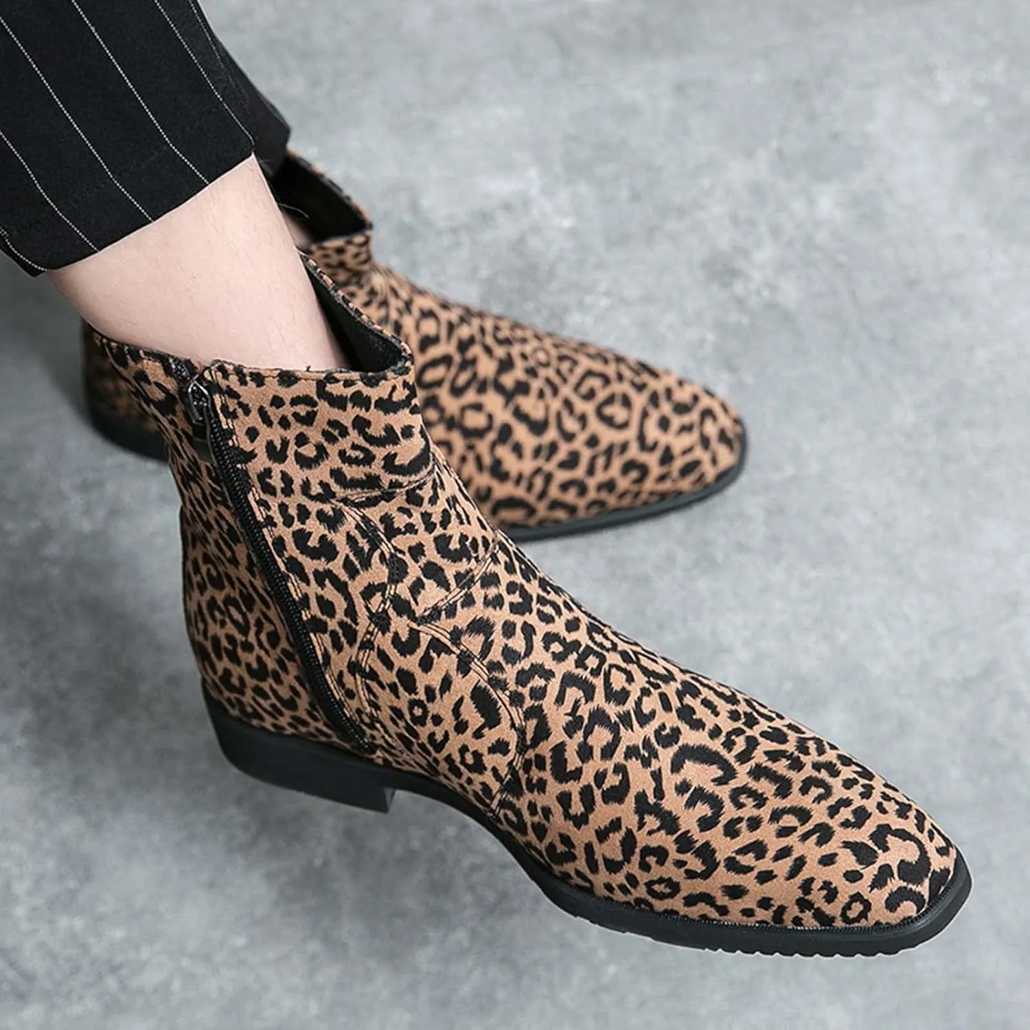 CERYTHRINA Mens Leopard Chelsea Ankle Boots Soft Fabric Fashion men's boots with Side Zipper