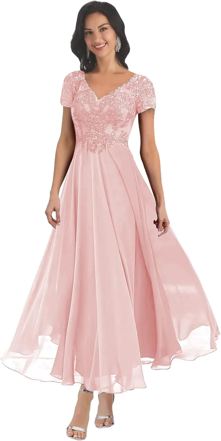 Chiffon Lace Appliques Mother of The Bride Dresses for Wedding Long V Neck Short Sleeves Formal Evening Dress