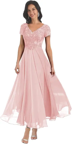 Chiffon Lace Appliques Mother of The Bride Dresses for Wedding Long V Neck Short Sleeves Formal Evening Dress