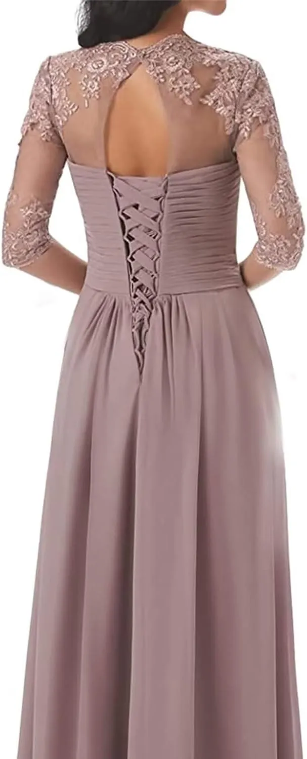 Chiffon Mother of The Bride Dresses 3/4 Sleeve Long Lace Applique Formal Wedding Guest Evening Gowns