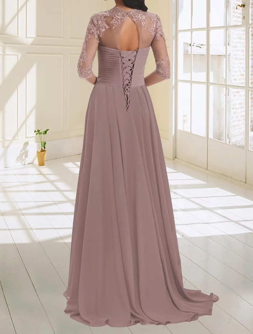 Chiffon Mother of The Bride Dresses 3/4 Sleeve Long Lace Applique Formal Wedding Guest Evening Gowns
