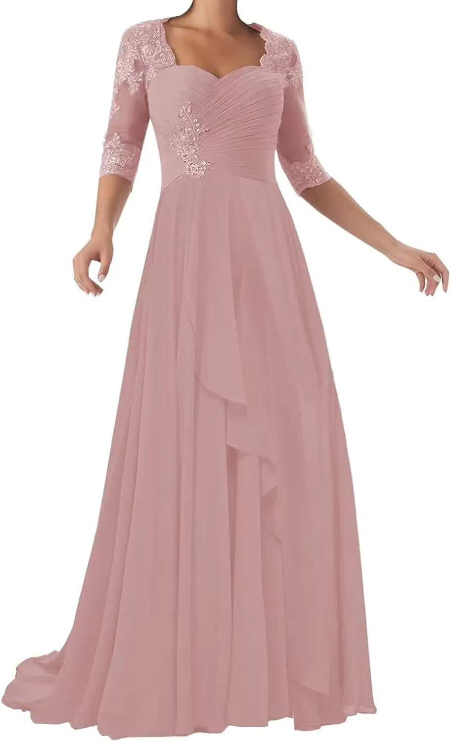 Chiffon Mother of The Bride Dresses 3/4 Sleeve Long Lace Applique Formal Wedding Guest Evening Gowns