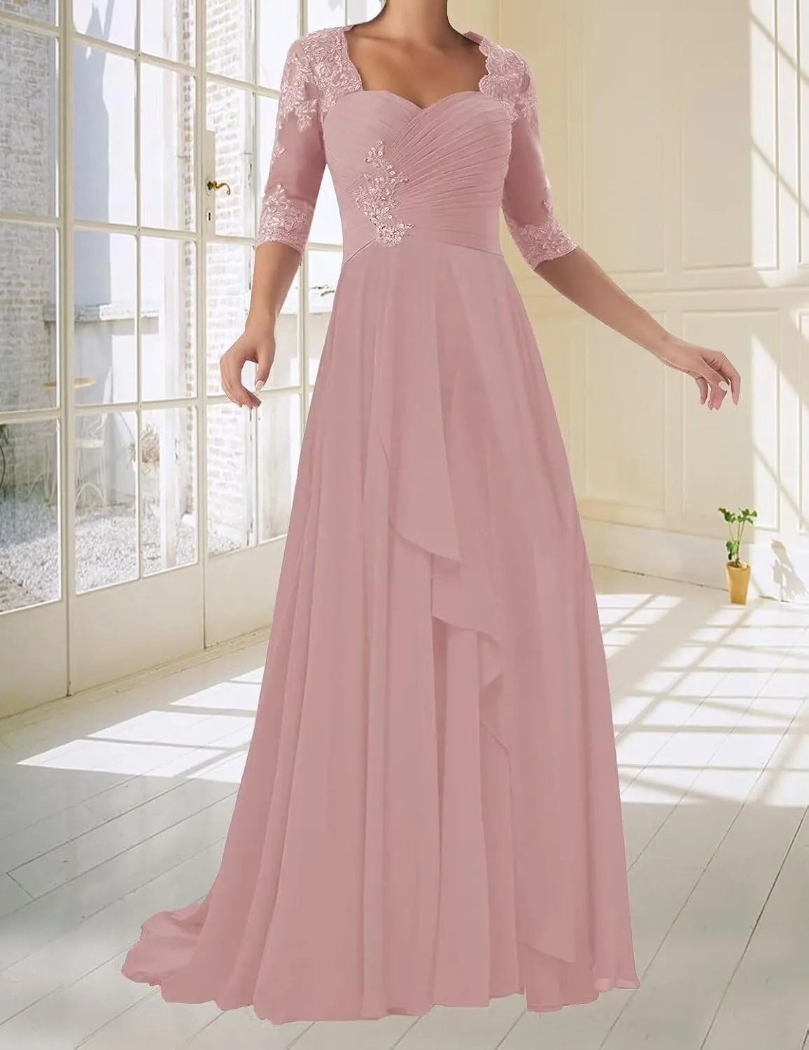 Chiffon Mother of The Bride Dresses 3/4 Sleeve Long Lace Applique Formal Wedding Guest Evening Gowns