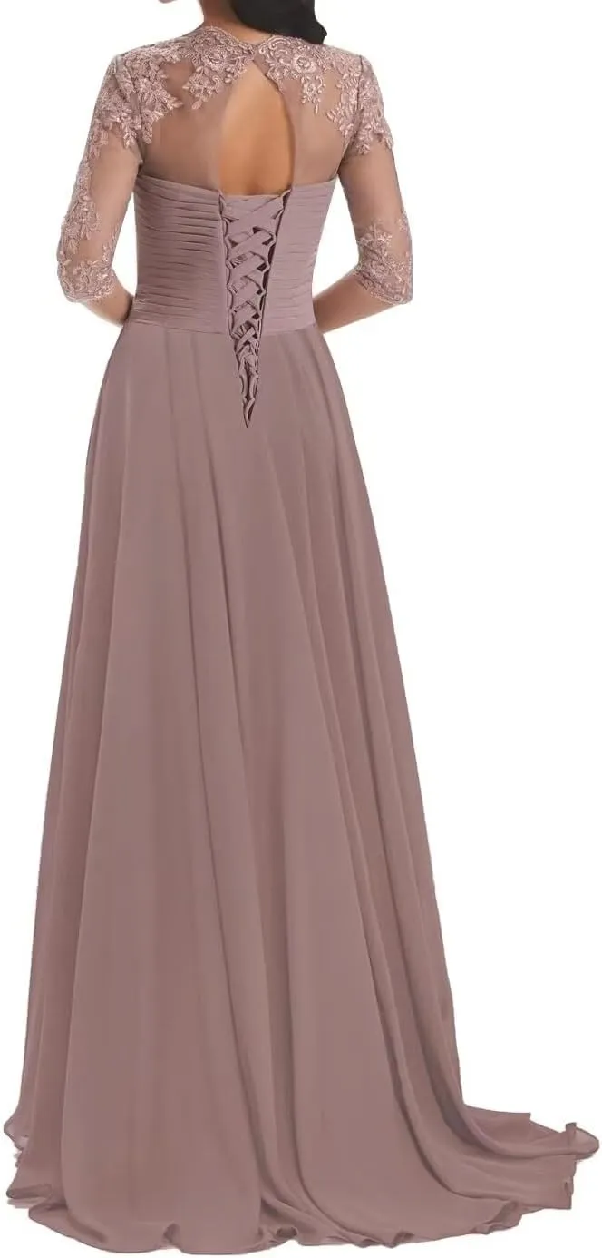 Chiffon Mother of The Bride Dresses 3/4 Sleeve Long Lace Applique Formal Wedding Guest Evening Gowns