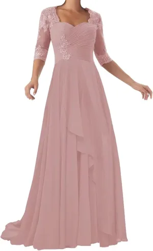 Chiffon Mother of The Bride Dresses 3/4 Sleeve Long Lace Applique Formal Wedding Guest Evening Gowns
