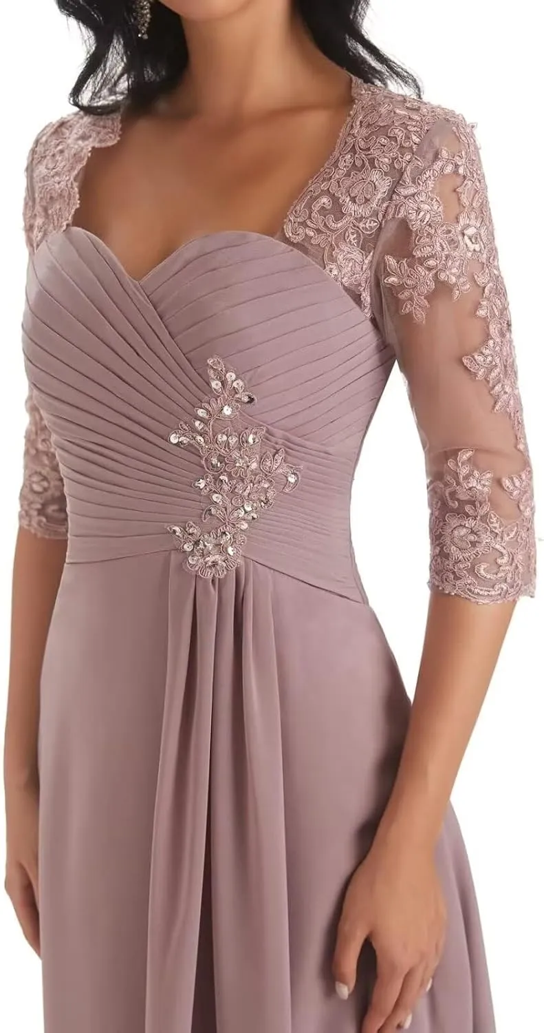 Chiffon Mother of The Bride Dresses 3/4 Sleeve Long Lace Applique Formal Wedding Guest Evening Gowns