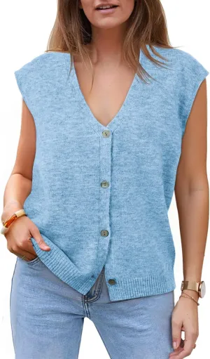 Cicy Bell Womens V Neck Sweater Vest Casual Button Down Knit Vest Outerwear Sleeveless Trendy Cardigans