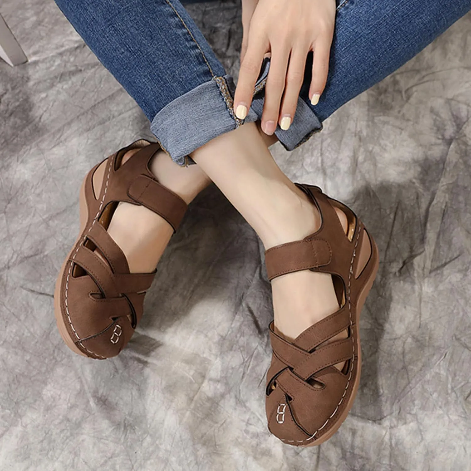 Closed Toe Sandals Women Summer Dressy Wedge Sandal Fisherman Comfortable Hollow Out Ankle Strap Sandals Causal Outdoor Beach Shoes