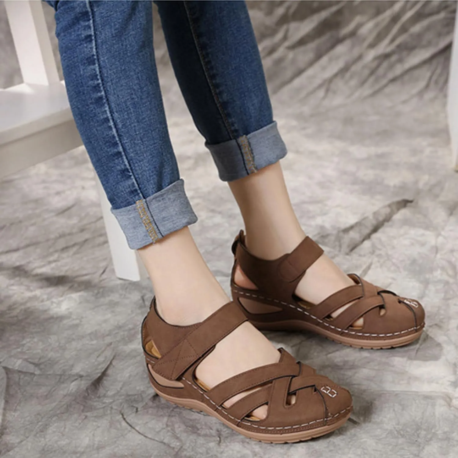 Closed Toe Sandals Women Summer Dressy Wedge Sandal Fisherman Comfortable Hollow Out Ankle Strap Sandals Causal Outdoor Beach Shoes