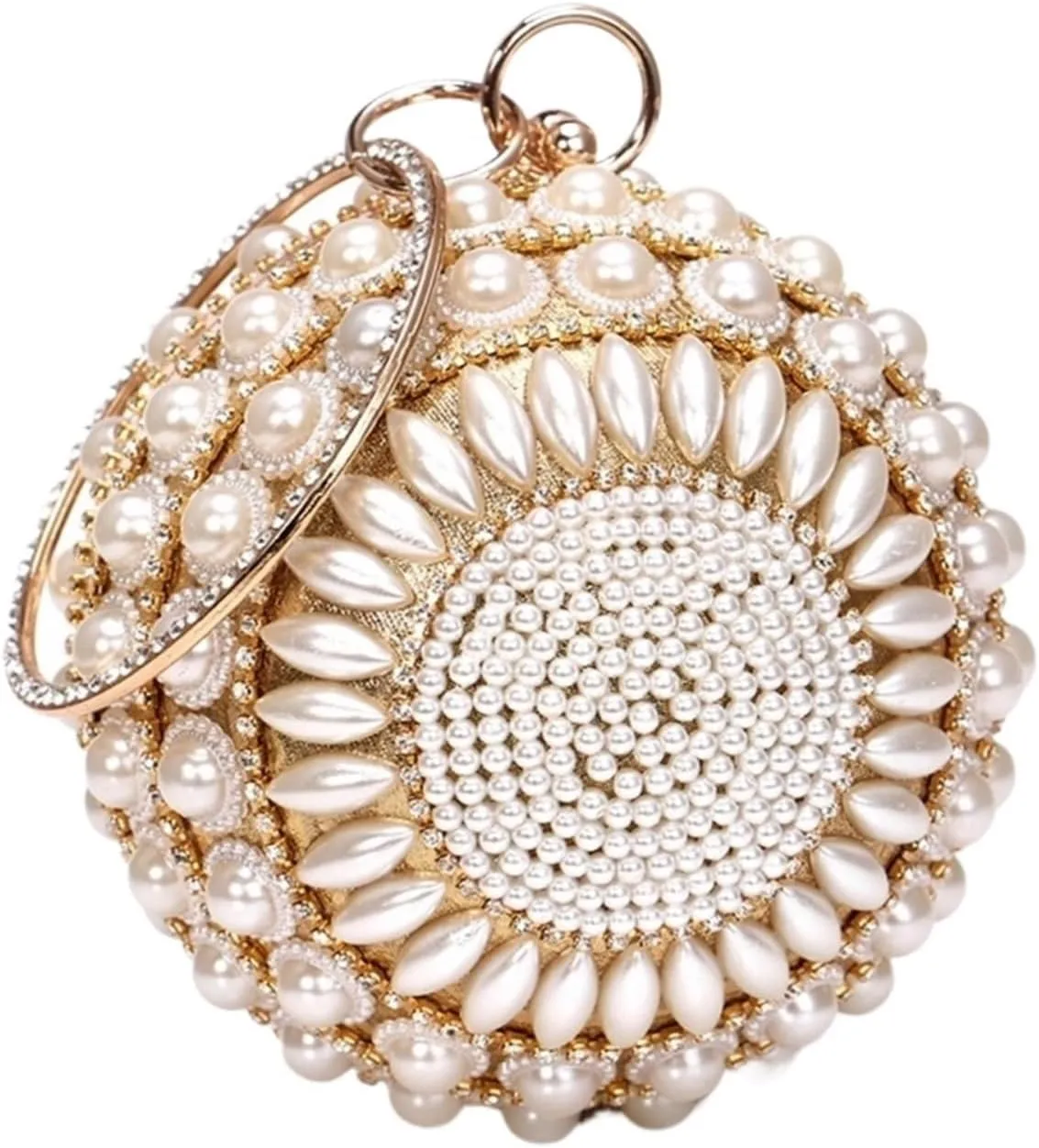 Clutch Purses for Women Beaded Diamonds Women's Evening Clutch Bag with Rhinestones and Pearls Circular Shaped Chain Shoulder Handbag for Parties