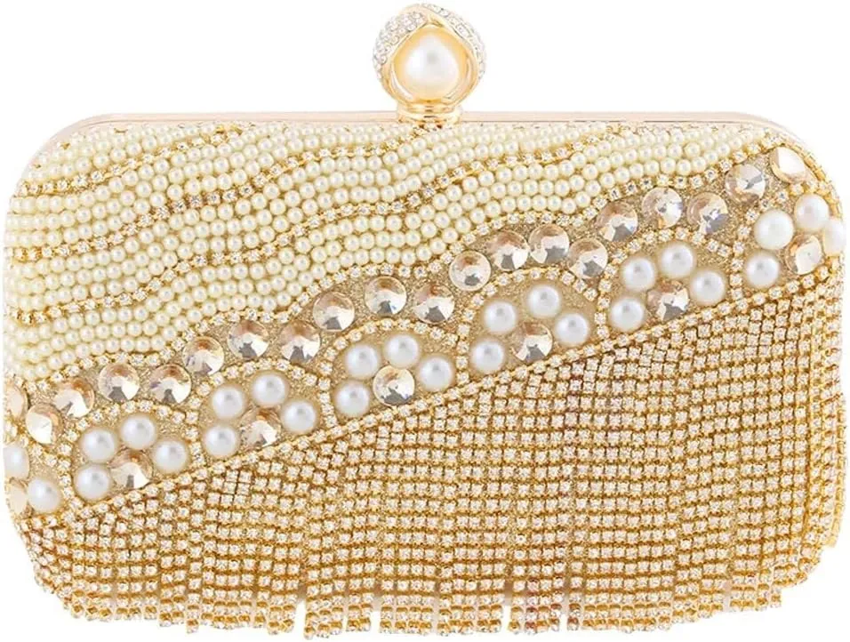 Clutch Purses for Women Pearl Evening Rhinestones Handbag Crystal Tassel Shoulder Bridal Wedding Purse Ladies Banquet