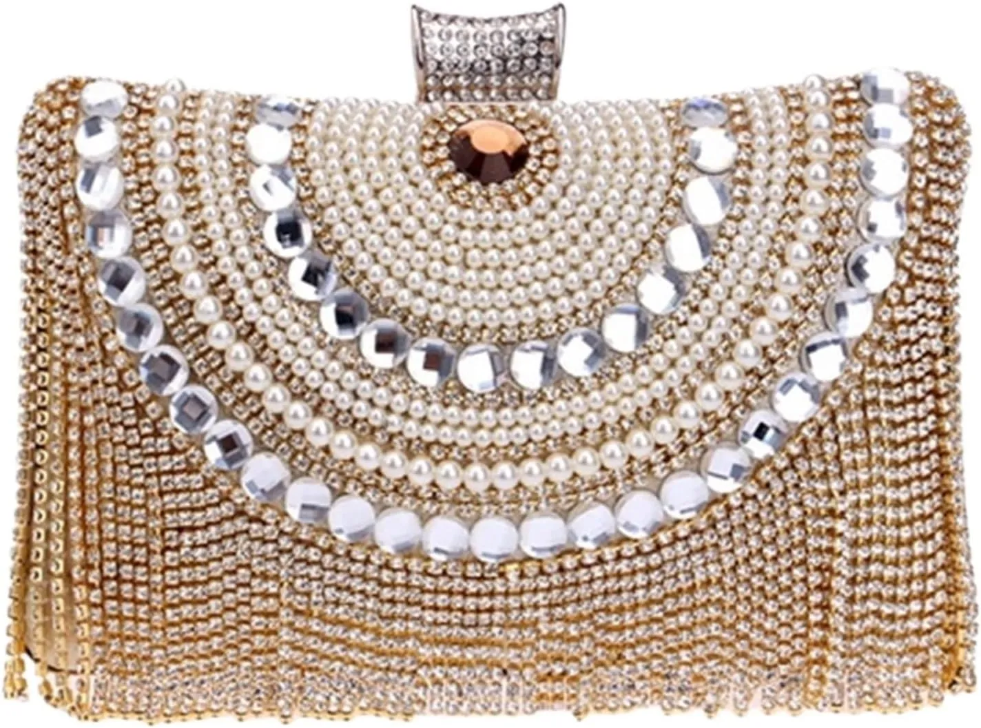 Clutch Purses for Women Rhinestone Tassel Evening Clutch Bag Beaded Metal Purse with Chain Shoulder Strap for Weddings and Special Occasions