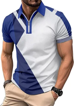 Color Block Polo Shirts for Men Short Sleeve Business Casual Tops Quarter Zip Pullover Light Weight Summer T Shirt