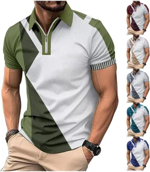 Color Block Polo Shirts for Men Short Sleeve Business Casual Tops Quarter Zip Pullover Light Weight Summer T Shirt