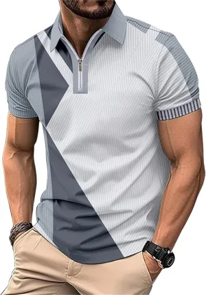 Color Block Polo Shirts for Men Short Sleeve Business Casual Tops Quarter Zip Pullover Light Weight Summer T Shirt