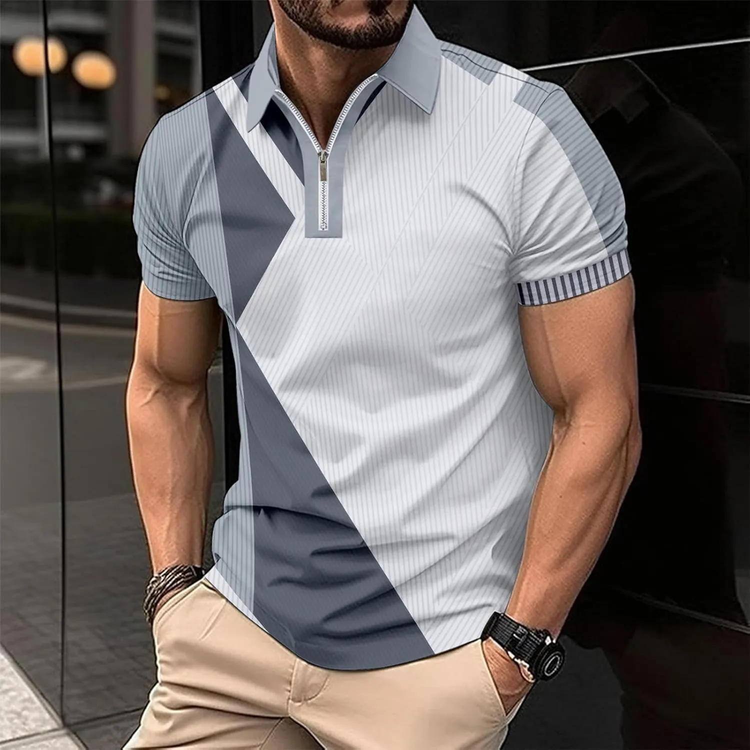 Color Block Polo Shirts for Men Short Sleeve Business Casual Tops Quarter Zip Pullover Light Weight Summer T Shirt