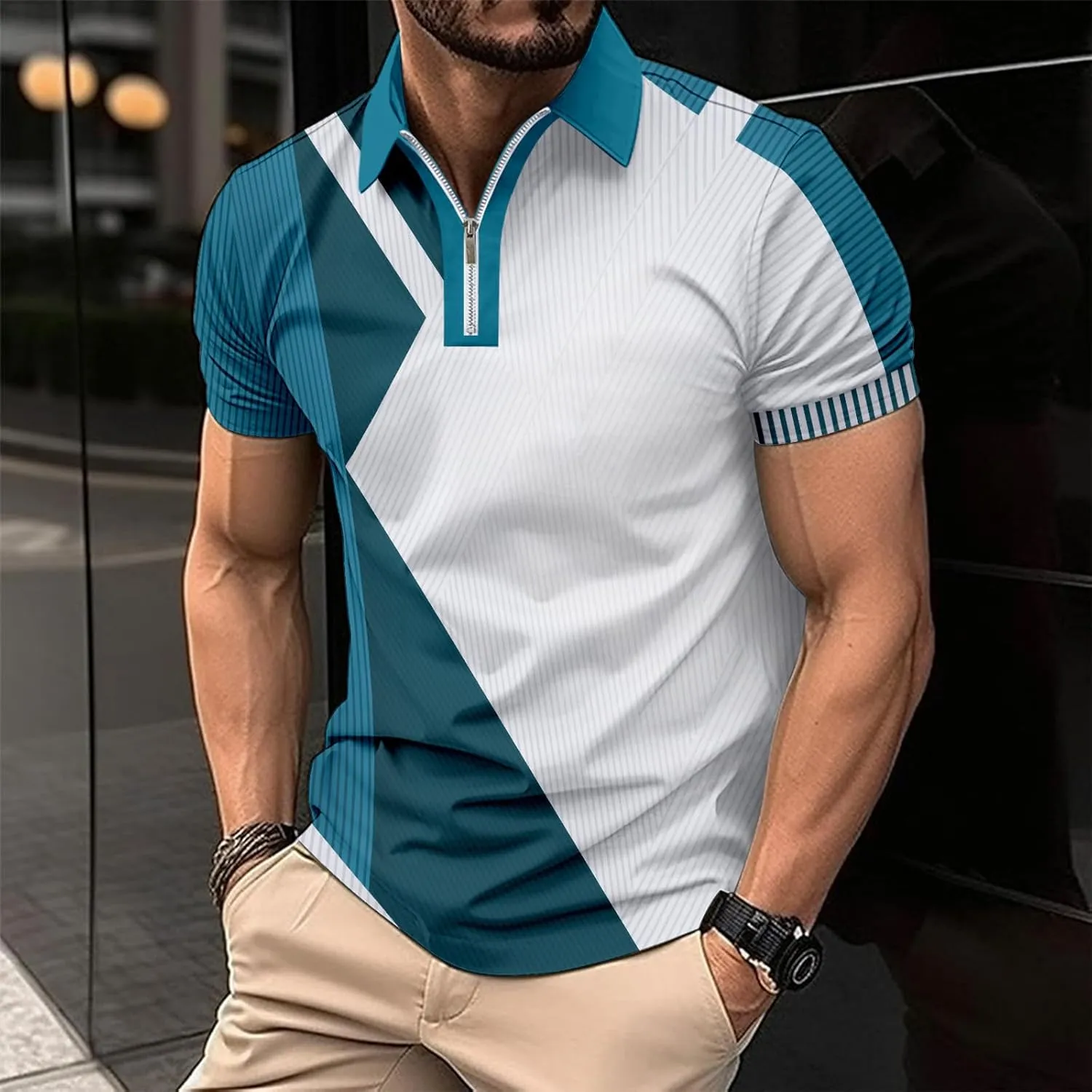 Color Block Polo Shirts for Men Short Sleeve Business Casual Tops Quarter Zip Pullover Light Weight Summer T Shirt