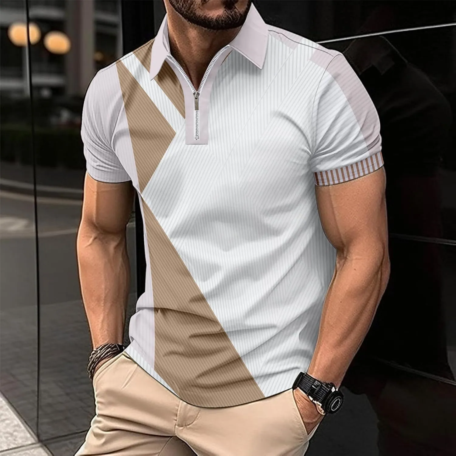 Color Block Polo Shirts for Men Short Sleeve Business Casual Tops Quarter Zip Pullover Light Weight Summer T Shirt