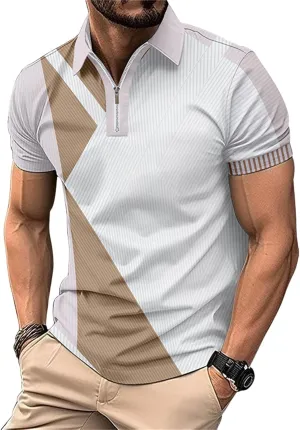 Color Block Polo Shirts for Men Short Sleeve Business Casual Tops Quarter Zip Pullover Light Weight Summer T Shirt