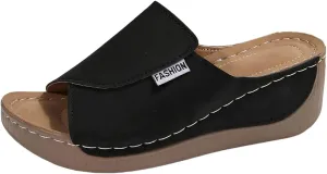 Comfortable Arch Support Slides Women's Solid Color Sandals Breathable Summer Orthotic Leather Platform Wedge Slip on Casual Sandal 2025 Shoes All Day Walking Comfort Wedges