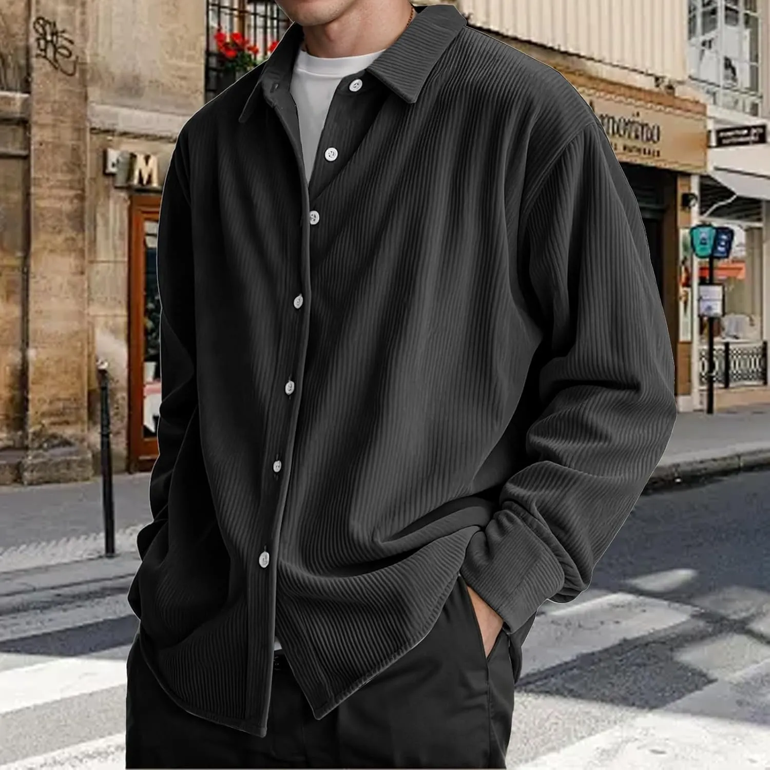 Corduroy Shirt Mens Lapel Long Sleeve Wrinkle Free Shirts Casual Button Down Shirts Work Overshirt Shackets for Men