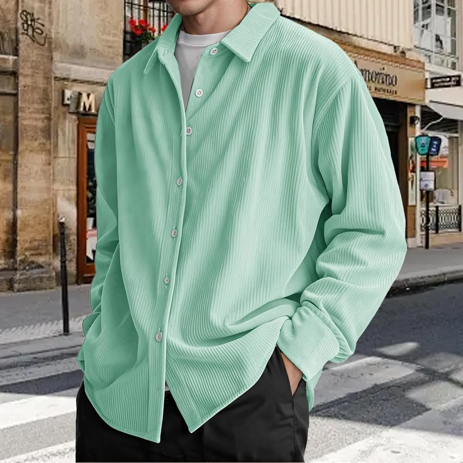 Corduroy Shirt Mens Lapel Long Sleeve Wrinkle Free Shirts Casual Button Down Shirts Work Overshirt Shackets for Men