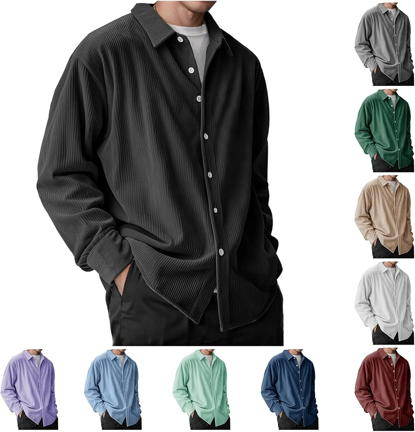 Corduroy Shirt Mens Lapel Long Sleeve Wrinkle Free Shirts Casual Button Down Shirts Work Overshirt Shackets for Men