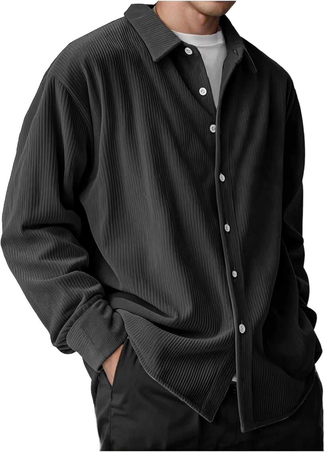 Corduroy Shirt Mens Lapel Long Sleeve Wrinkle Free Shirts Casual Button Down Shirts Work Overshirt Shackets for Men