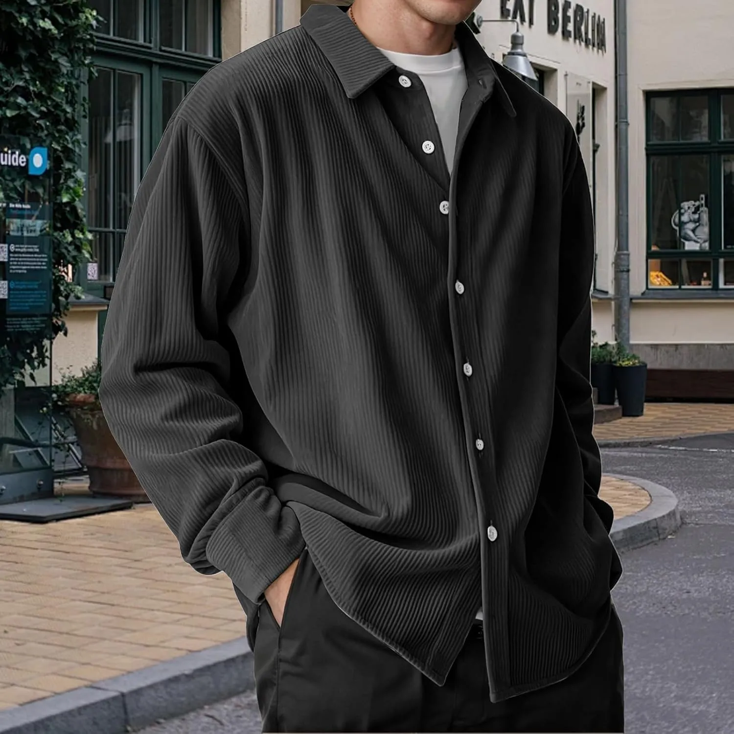 Corduroy Shirt Mens Lapel Long Sleeve Wrinkle Free Shirts Casual Button Down Shirts Work Overshirt Shackets for Men