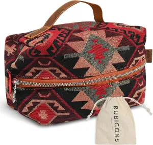 Cosmetic Handbag Makeup Organizer Purse Travel Toiletry Zipper Pouch for Women Red Boho Cotton Case (Red Boho)