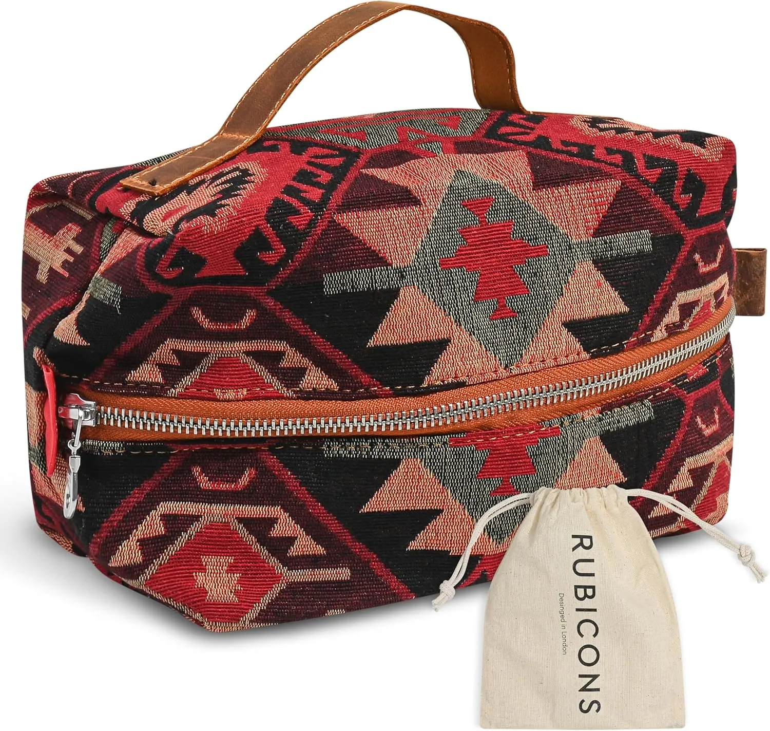 Cosmetic Handbag Makeup Organizer Purse Travel Toiletry Zipper Pouch for Women Red Boho Cotton Case (Red Boho)
