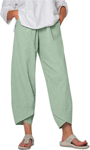 Costaric Cotton Linen Casual Summer Capri Pants Printed Cropped Comfy Baggy Trousers with Pockets Palazzo Lounge Pants