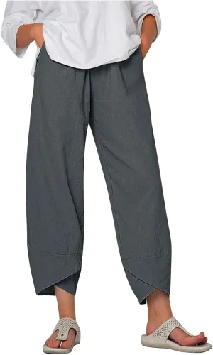 Costaric Cotton Linen Casual Summer Capri Pants Printed Cropped Comfy Baggy Trousers with Pockets Palazzo Lounge Pants