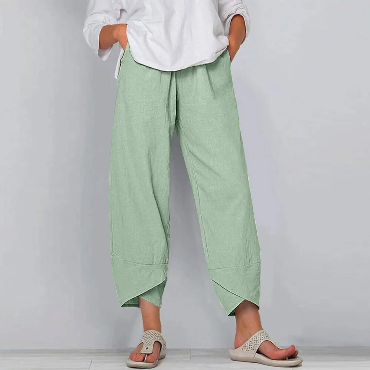 Costaric Cotton Linen Casual Summer Capri Pants Printed Cropped Comfy Baggy Trousers with Pockets Palazzo Lounge Pants