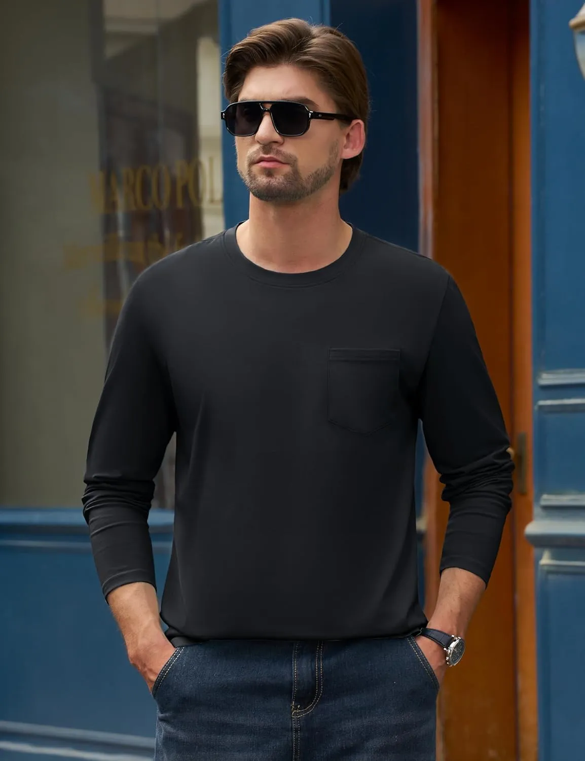 Cotrasen Men's Long Sleeve T-Shirts Cotton Casual T Shirts for Men Breathable Comfort Tee Shirts with Pocket