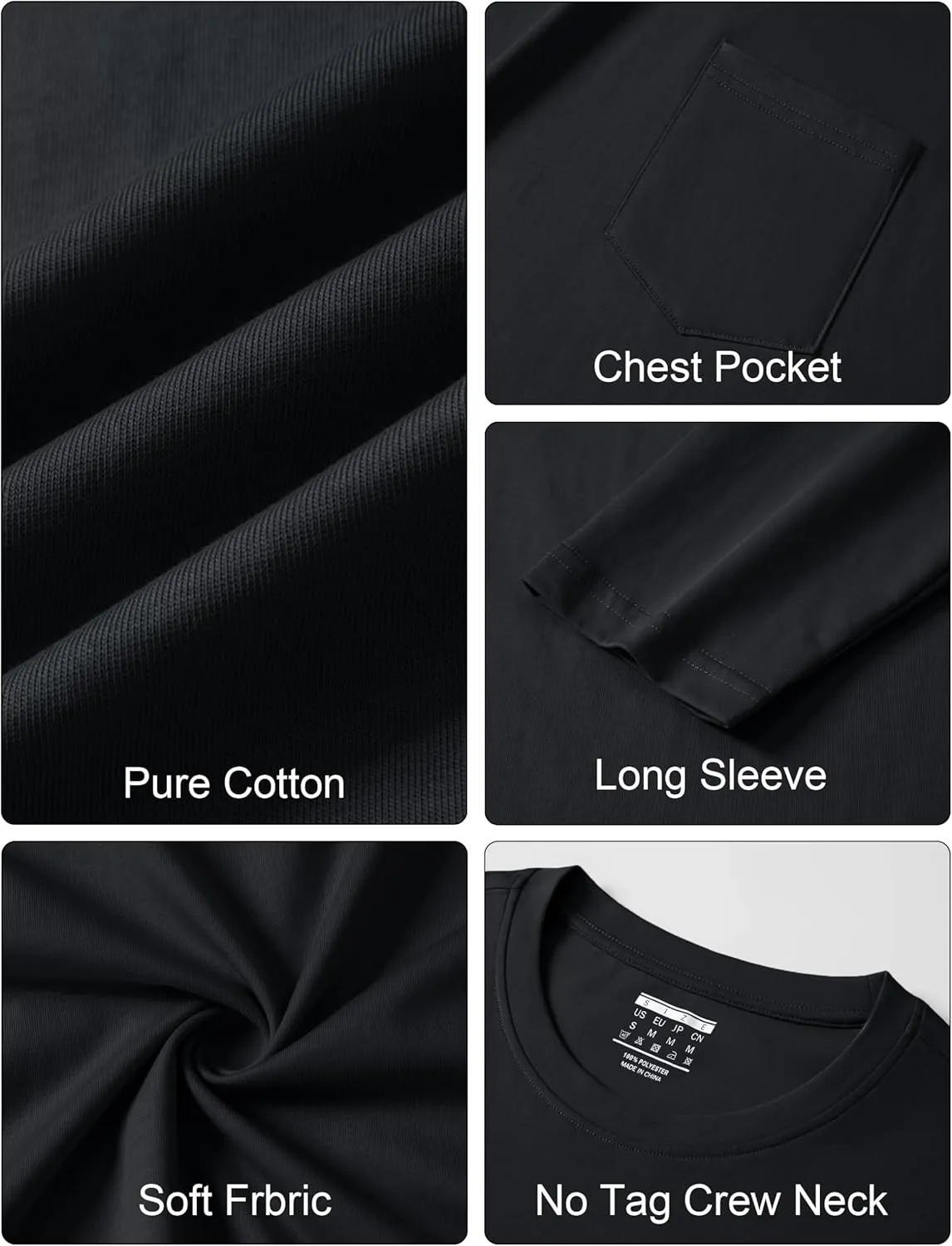 Cotrasen Men's Long Sleeve T-Shirts Cotton Casual T Shirts for Men Breathable Comfort Tee Shirts with Pocket