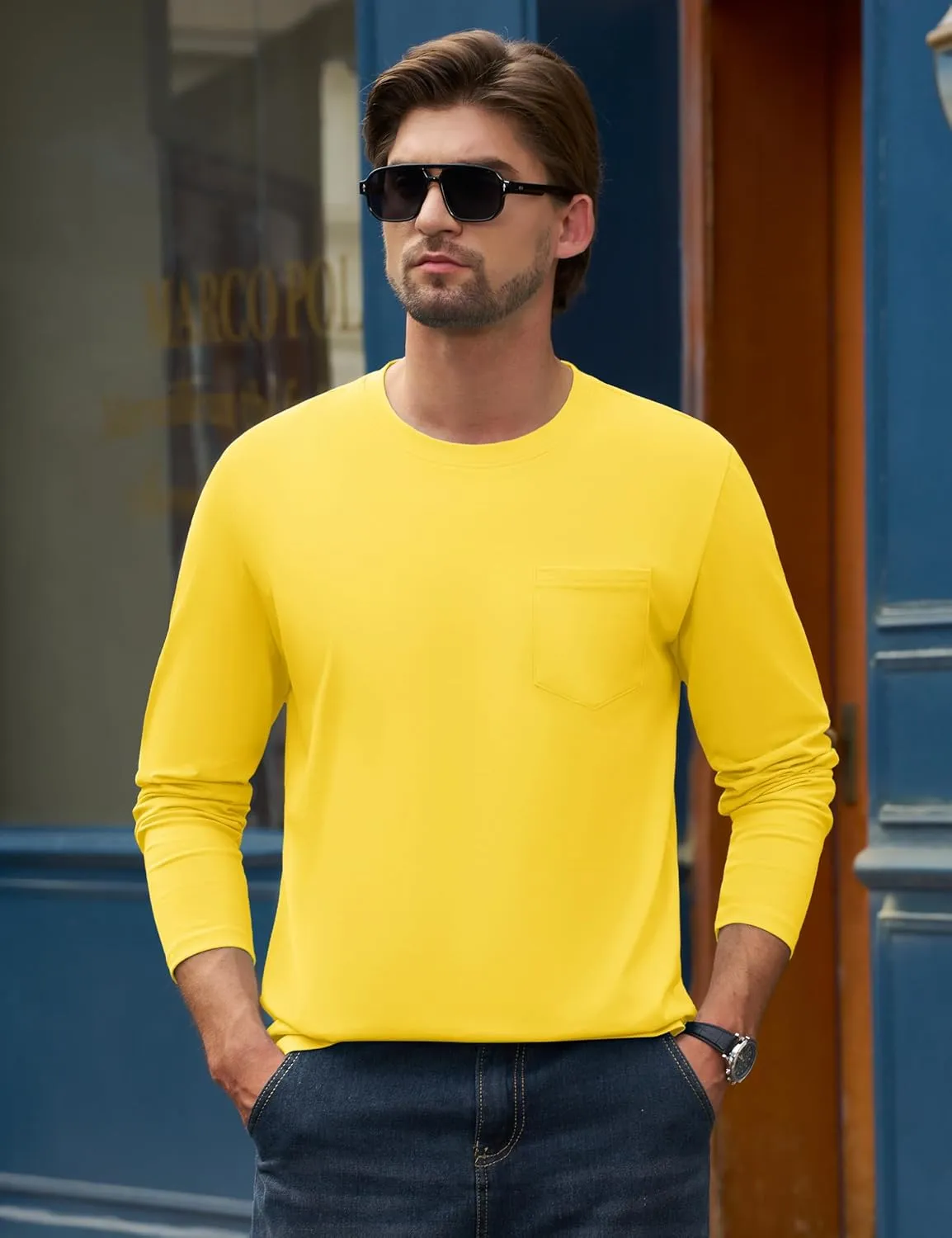 Cotrasen Men's Long Sleeve T-Shirts Cotton Casual T Shirts for Men Breathable Comfort Tee Shirts with Pocket