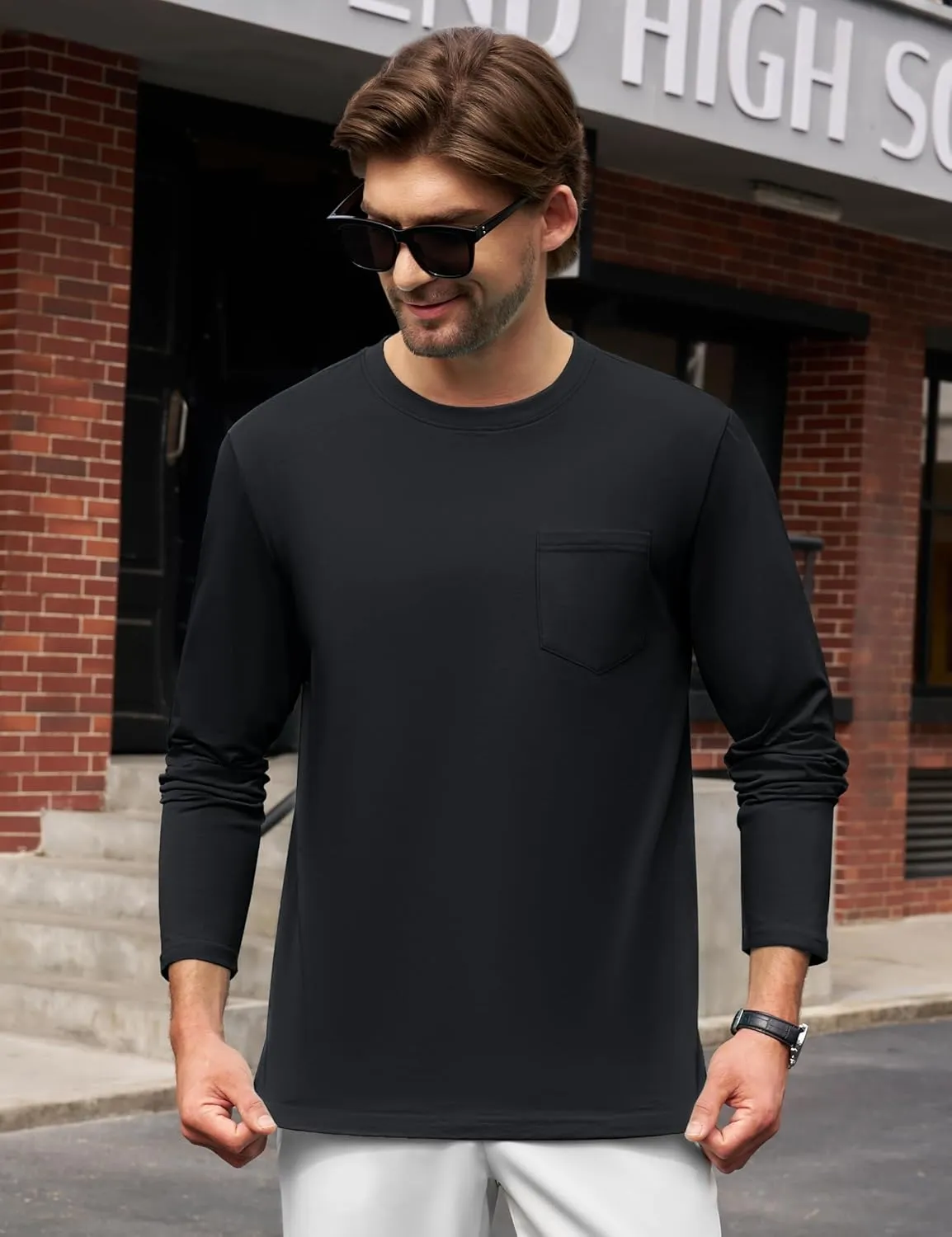 Cotrasen Men's Long Sleeve T-Shirts Cotton Casual T Shirts for Men Breathable Comfort Tee Shirts with Pocket