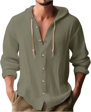 Cotton Linen Button Down Shirts for Men Long Sleeve Drawstring Hooded Tops Casual Lightweight Hoodie Shirt