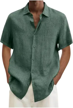 Cotton Linen Shirts for Men 2024 Summer Casual Short Sleeve Button Down T Shirt Regular Fit Solid Work Beach Shirt