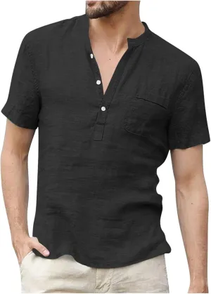 Cotton Linen Short Sleeve Shirts for Men Vintage Lightweight Button Up Hawaiian Beach T-Shirts Casual Pullover Tees