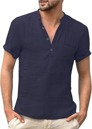 Cotton Linen Short Sleeve Shirts for Men Vintage Lightweight Button Up Hawaiian Beach T-Shirts Casual Pullover Tees