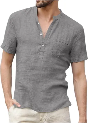 Cotton Linen Short Sleeve Shirts for Men Vintage Lightweight Button Up Hawaiian Beach T-Shirts Casual Pullover Tees