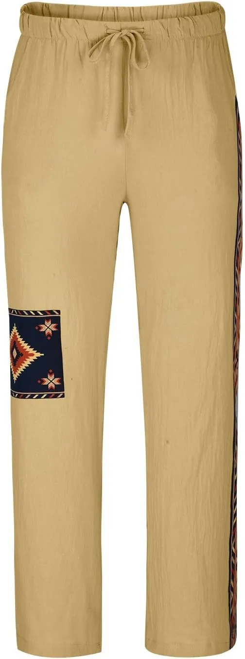 Cotton Linen Tribal Print Linen Pants Men Drawstring Waist Loose Boho Breathable Casual Trousers Side Pockets