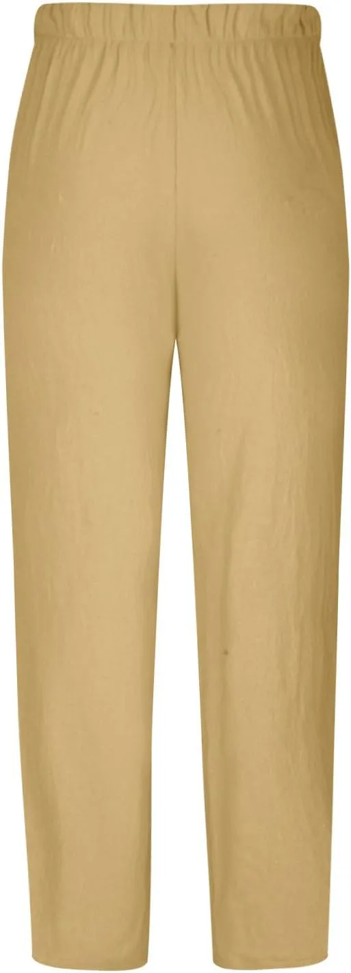 Cotton Linen Tribal Print Linen Pants Men Drawstring Waist Loose Boho Breathable Casual Trousers Side Pockets