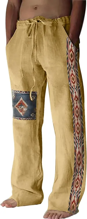 Cotton Linen Tribal Print Linen Pants Men Drawstring Waist Loose Boho Breathable Casual Trousers Side Pockets