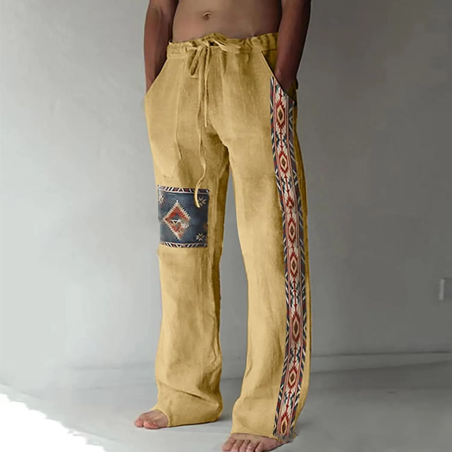 Cotton Linen Tribal Print Linen Pants Men Drawstring Waist Loose Boho Breathable Casual Trousers Side Pockets