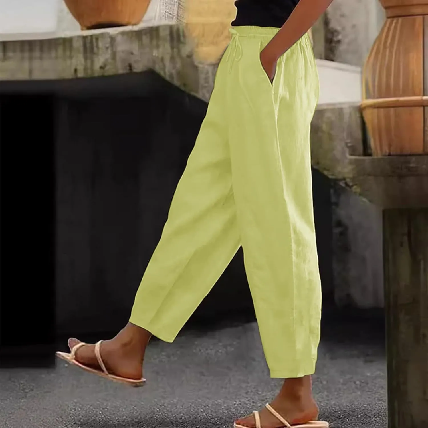 Cotton Linen Wide Leg Pants Woman Plus Size Baggy Lightweight Summer Pants High Waisted Lounge Trousers with Pockets