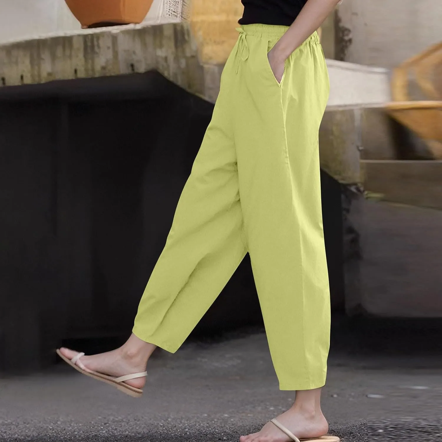 Cotton Linen Wide Leg Pants Woman Plus Size Baggy Lightweight Summer Pants High Waisted Lounge Trousers with Pockets